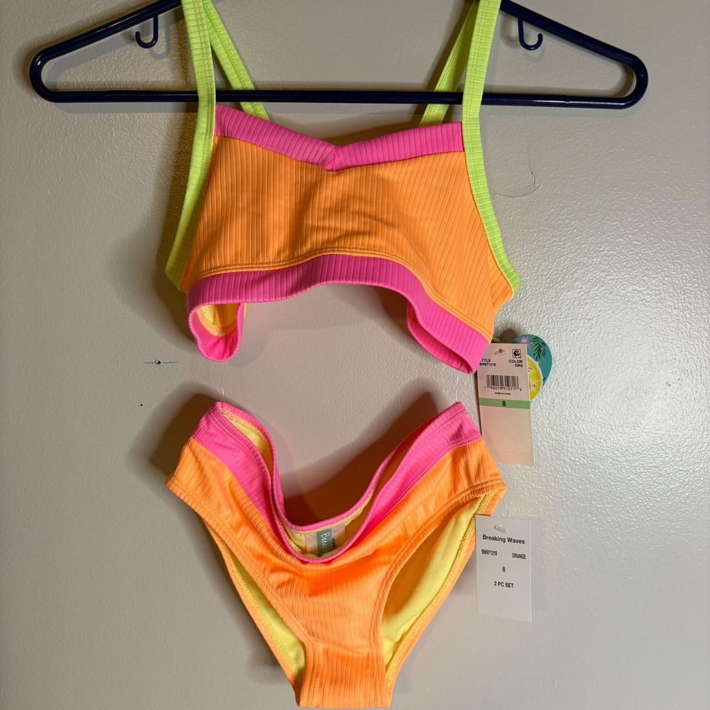 Breaking Waves Girls Size 8 Neon Ribbed Bikini 2-Piece Swimsuit Orange Pink NEW